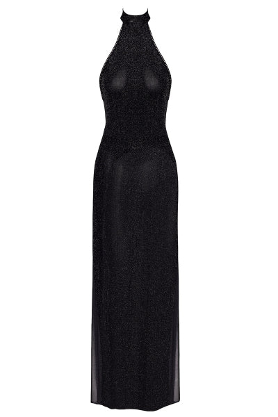 Robe longue en maille pailletée Onyx F372 - Noir Handmade