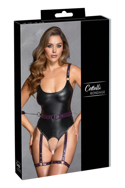 Body à jarretelles ouvert avec menottes - Cottelli Bondage